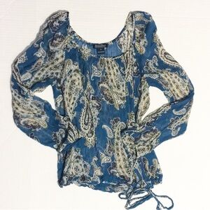 Lucky Brand Blue Cream Puff Sleeve Blouse with Tie Front - Great Condition!